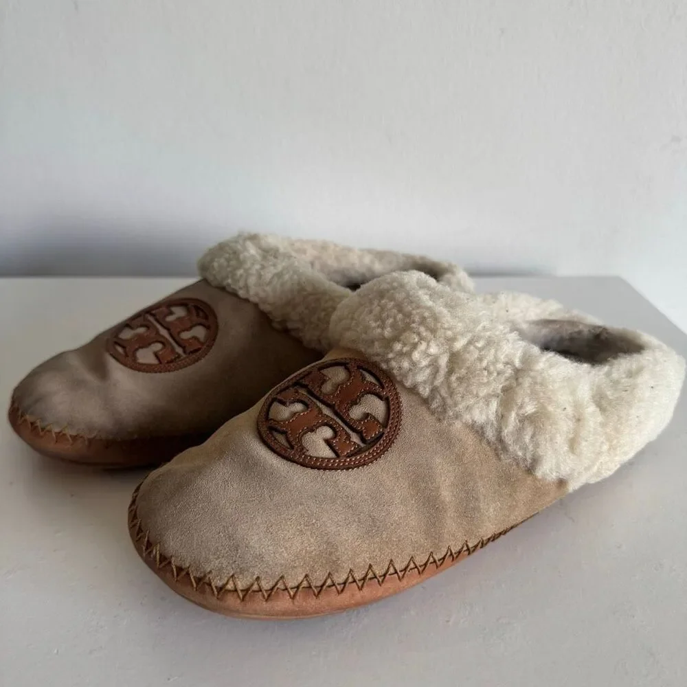 Tory Burch Coley Calf Leather Sherpa Lined Slippers Size 7